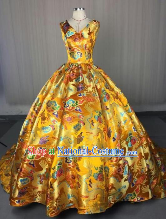 Top Grade Chinese Catwalks Costume Halloween Stage Performance Yellow Dragon Dress Brazilian Carnival Clothing for Women