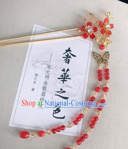 Chinese Traditional Hair Accessories Ancient Hanfu Hairpins Red Beads Tassel Hair Clip for Women