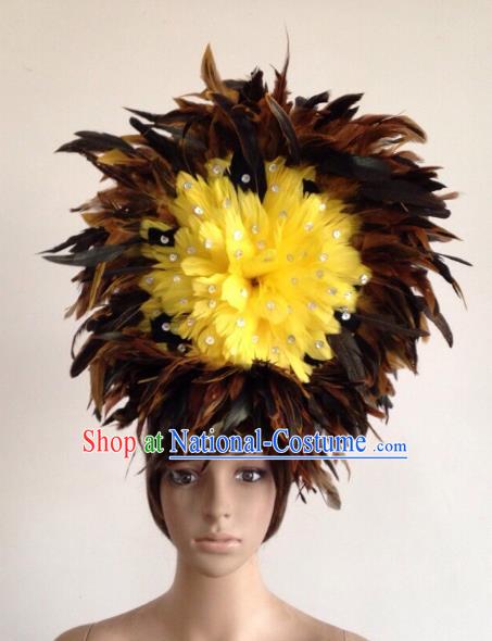 Professional Halloween Catwalks Hair Accessories Brazilian Rio Carnival Samba Dance Yellow Feather Headwear for Women