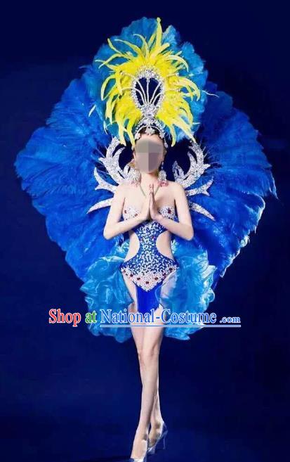 Brazilian Rio Carnival Samba Dance Costumes Catwalks Blue Feather Swimwear and Wings for Women