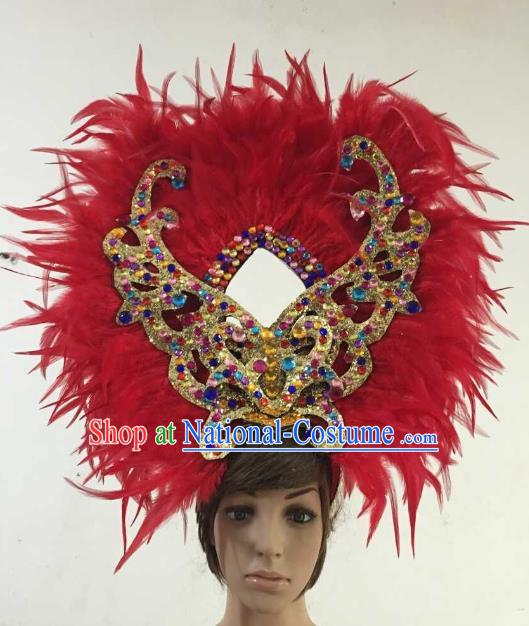 Professional Halloween Catwalks Hair Accessories Brazilian Rio Carnival Samba Dance Red Feather Headwear for Women