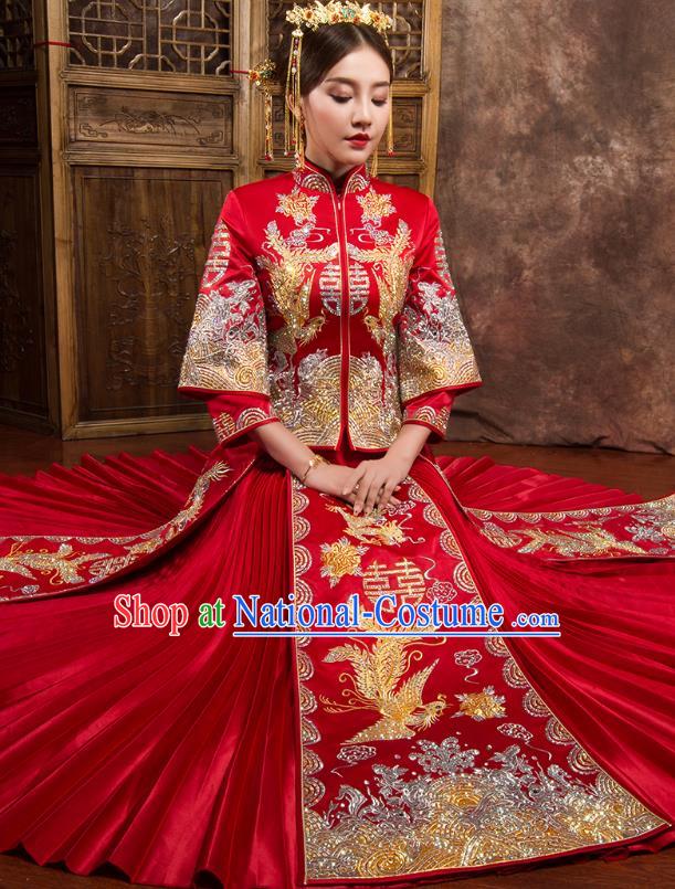 Chinese Traditional Wedding Dress Ancient Bride Embroidered Phoenix Diamante Xiuhe Suit for Women