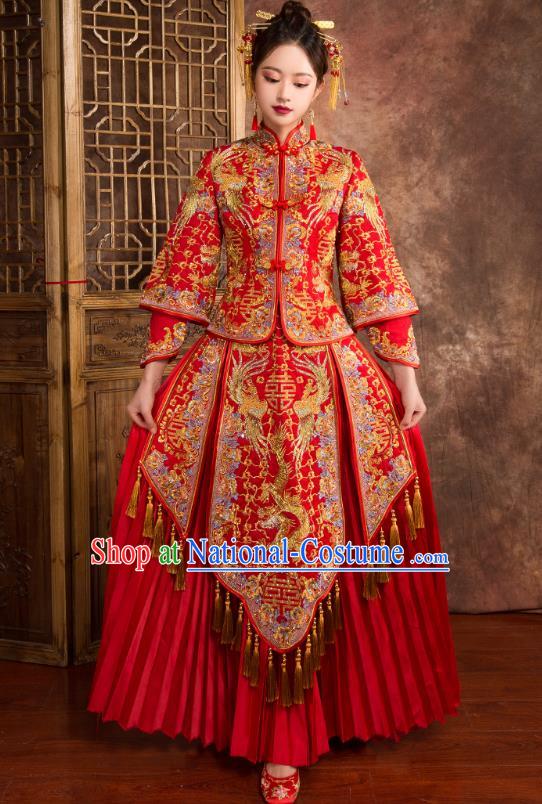 Chinese Traditional Wedding Costumes Ancient Bride Embroidered Dragon Phoenix Diamante Xiuhe Suit for Women