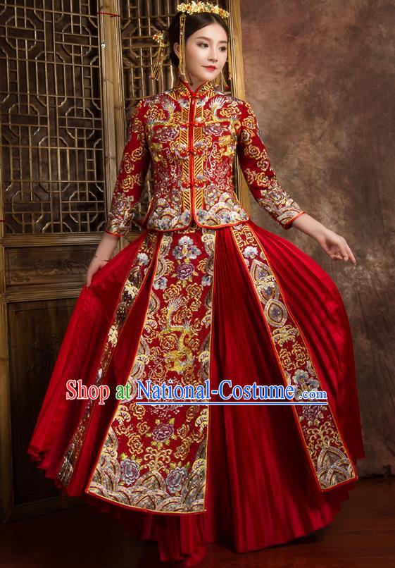 Chinese Traditional Wedding Costumes Ancient Bride Embroidered Dragon Peony Diamante Xiuhe Suit for Women