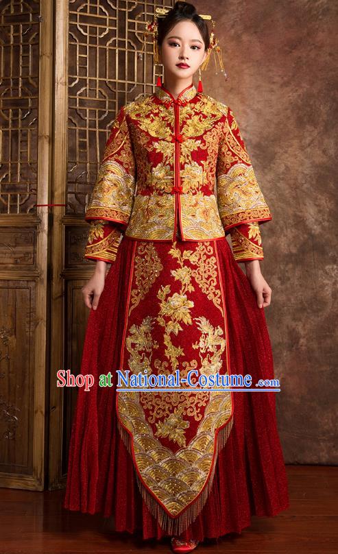 Chinese Traditional Wedding Costumes Ancient Bride Embroidered Peony Diamante Red Xiuhe Suit for Women