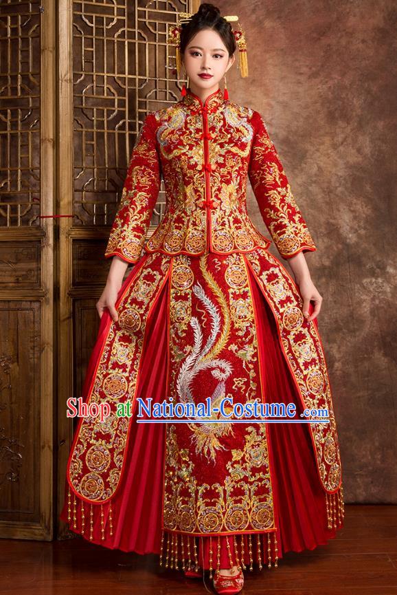 Chinese Traditional Wedding Costumes Ancient Bride Embroidered Phoenix Peony Diamante Red Xiuhe Suit for Women