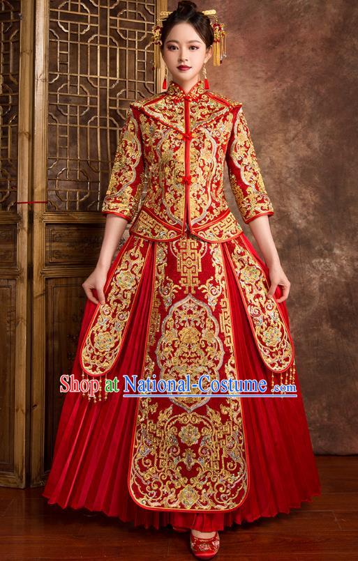 Chinese Traditional Wedding Costumes Ancient Bride Embroidered Diamante Red Xiuhe Suit for Women