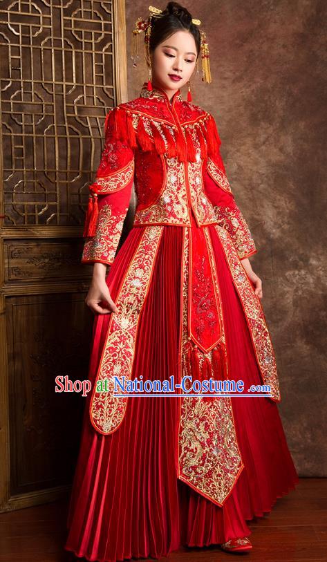 Traditional Chinese Wedding Costumes Ancient Bride Embroidered Red XiuHe Suit for Women