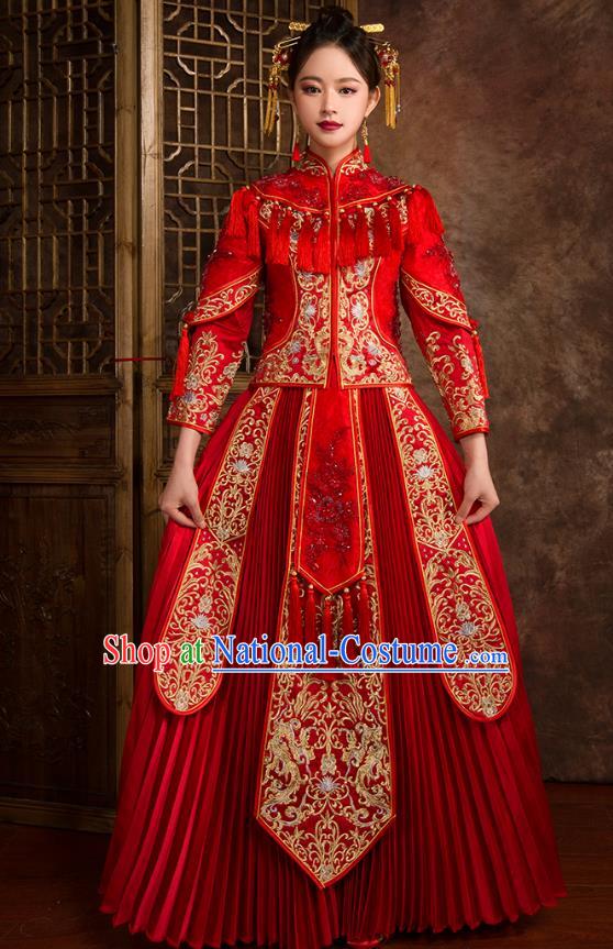 Traditional Chinese Wedding Red Costumes Ancient Bride Embroidered XiuHe Suit for Women