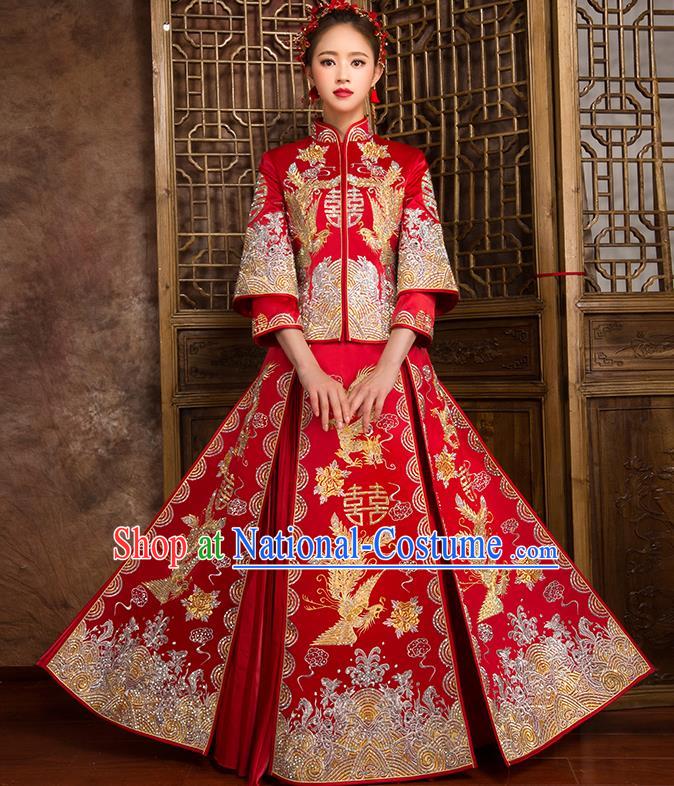 Traditional Chinese Bridal Costumes Ancient Bride Wedding Embroidered Dragon Phoenix XiuHe Suit for Women