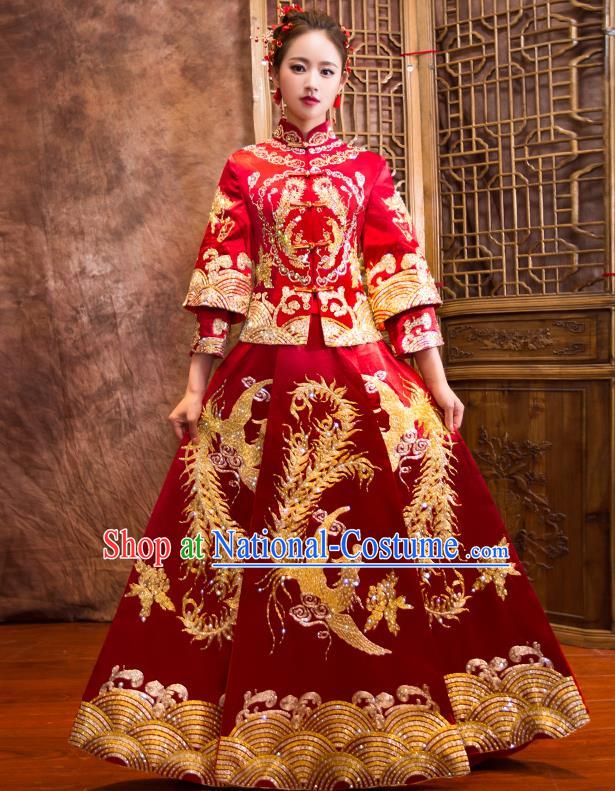 Traditional Chinese Bridal Costumes Ancient Bride Wedding Embroidered Peony Phoenix XiuHe Suit for Women