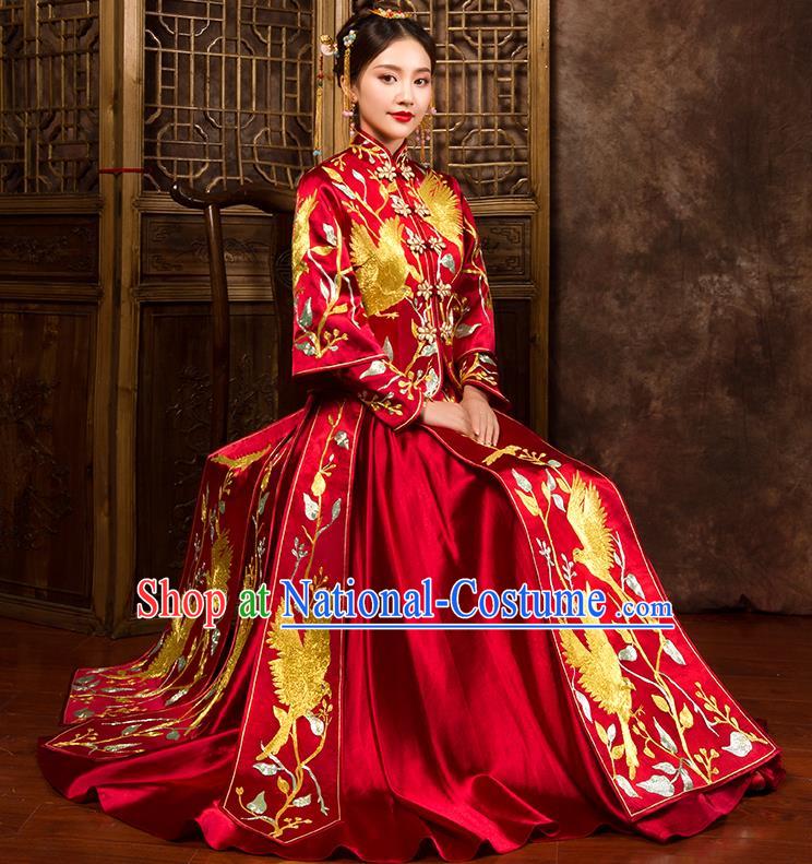 Traditional Chinese Bridal Costumes Ancient Bride Wedding Embroidered Birds XiuHe Suit for Women