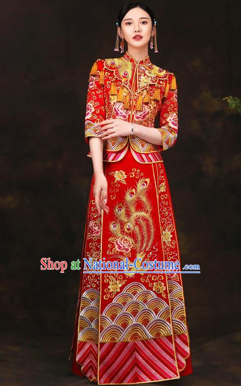 Traditional Chinese Style Female Wedding Costumes Ancient Embroidered Full Dress Red XiuHe Suit for Bride