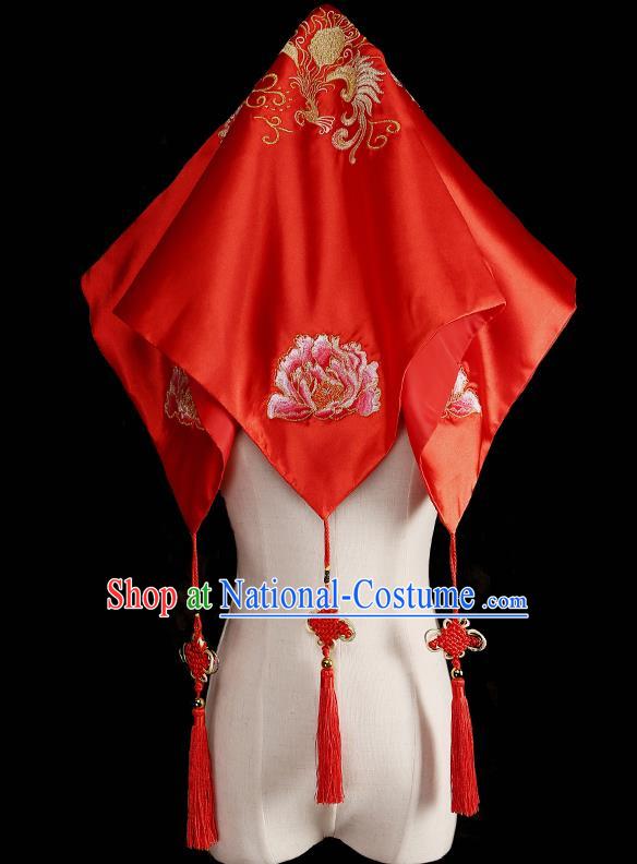 Traditional Chinese Wedding Hair Accessories Ancient Embroidered Red Bridal Veil for Bride