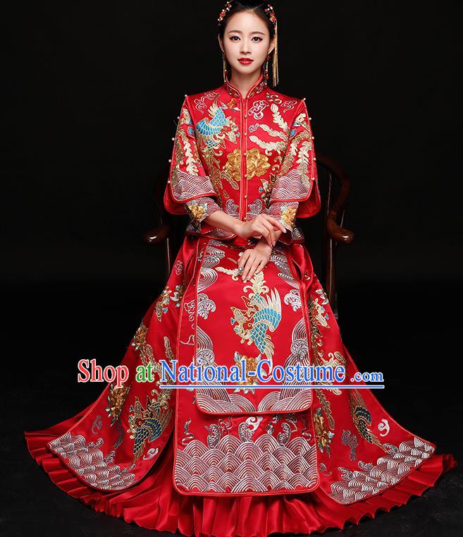 Traditional Chinese Female Wedding Red Costumes Ancient Embroidered Phoenix Bottom Drawer XiuHe Suit for Bride