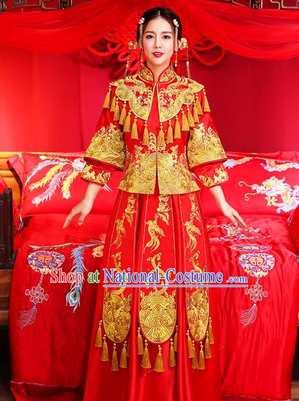 Traditional Chinese Female Wedding Costumes Ancient Embroidered Red Bottom Drawer XiuHe Suit for Bride