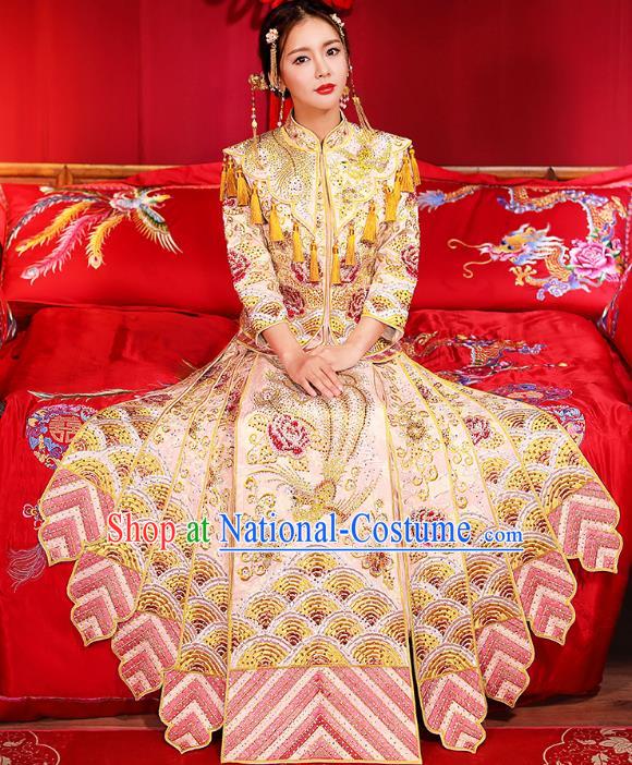 Traditional Chinese Female Wedding Costumes Ancient Embroidered Peony Pink Bottom Drawer XiuHe Suit for Bride