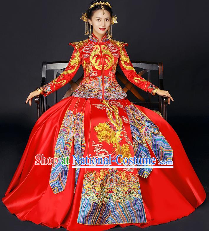 Traditional Chinese Female Wedding Costumes Ancient Red Bottom Drawer Embroidered Phoenix XiuHe Suit for Bride