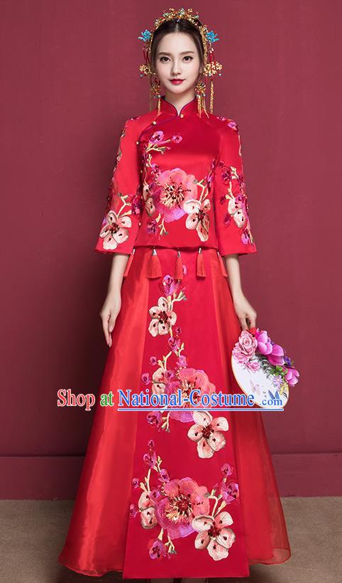 Traditional Chinese Female Wedding Costumes Ancient Red Bottom Drawer Embroidered Peach Blossom XiuHe Suit for Bride