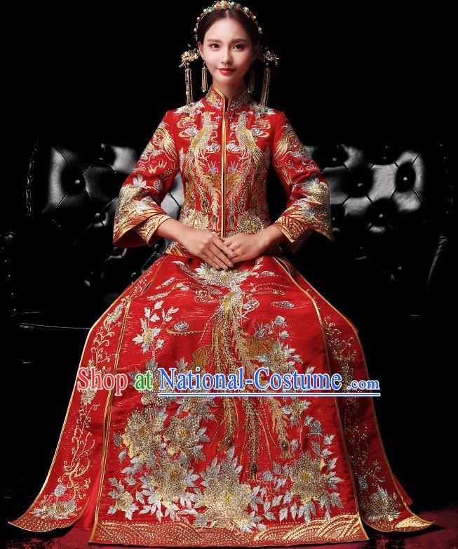 Traditional Chinese Style Female Wedding Costumes Ancient Embroidered Full Dress Red XiuHe Suit for Bride