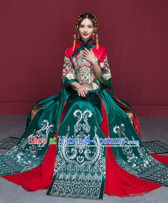 Traditional Chinese Wedding Costumes Green Full Dress Ancient Bottom Drawer Embroidered XiuHe Suit for Bride