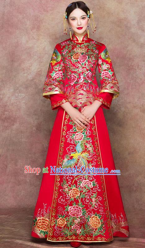 Traditional Chinese Wedding Costumes Embroidered Peony Full Dress Ancient Bottom Drawer XiuHe Suit for Bride