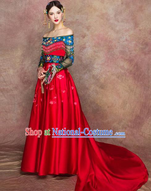 Traditional Chinese Wedding Costumes Embroidered Red Full Dress Ancient Bottom Drawer for Bride