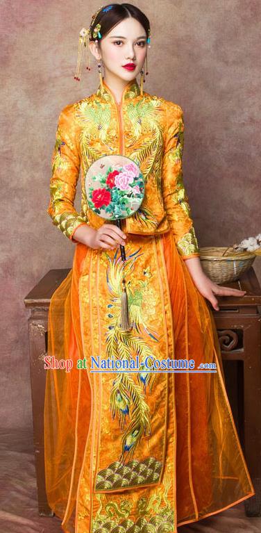 Traditional Chinese Wedding Costumes Embroidered Phoenix Full Dress Yellow XiuHe Suit Ancient Bottom Drawer for Bride