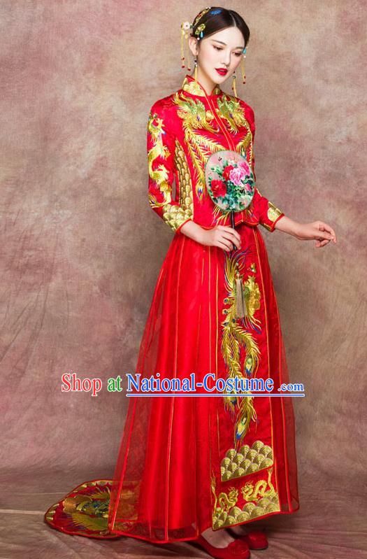 Traditional Chinese Wedding Costumes Embroidered Phoenix Full Dress Red XiuHe Suit Ancient Bottom Drawer for Bride