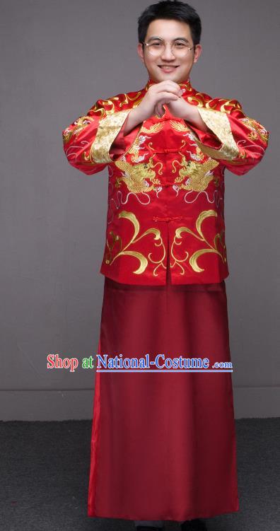 Traditional Ancient Chinese Wedding Red Costumes Bridegroom Embroidered Tang Suit for Men