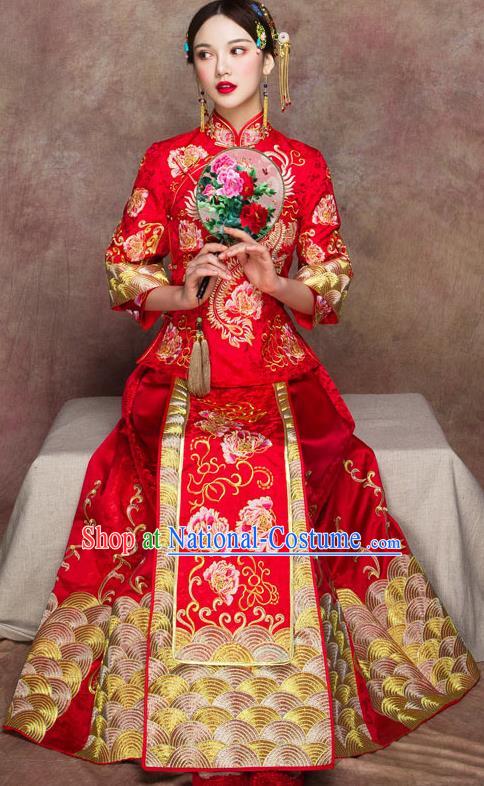 Traditional Chinese Wedding Costumes Embroidered Peony Full Dress Red XiuHe Suit Ancient Bottom Drawer for Bride