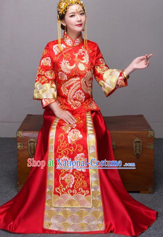 Traditional Chinese Wedding Costumes Embroidered Peony Red Full Dress XiuHe Suit Ancient Bottom Drawer for Bride