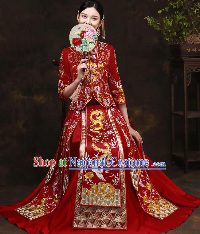 Traditional Chinese Style Female Wedding Costumes Ancient Embroidered Dragon Phoenix Bottom Drawer XiuHe Suit for Bride