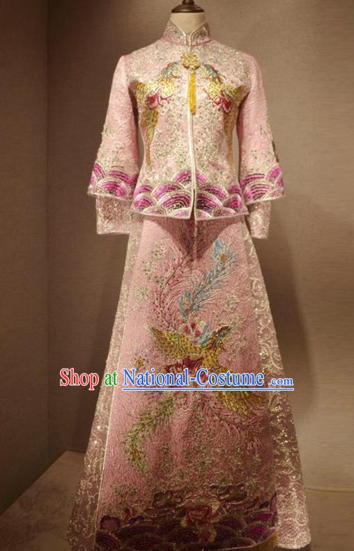 Traditional Chinese Style Female Wedding Costumes Ancient Embroidered Phoenix Bottom Drawer Pink XiuHe Suit for Bride