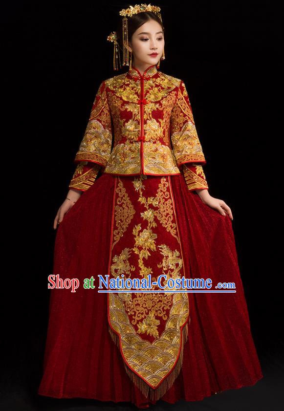 Traditional Chinese XiuHe Suit Wedding Costumes Embroidered Red Full Dress Ancient Bottom Drawer for Bride