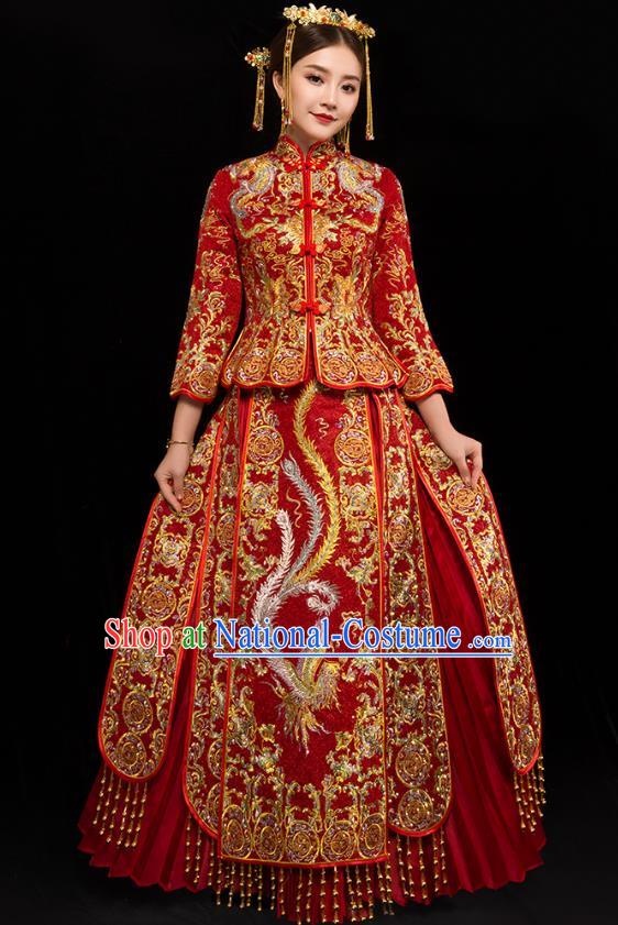 Traditional Chinese XiuHe Suit Wedding Costumes Embroidered Phoenix Red Full Dress Ancient Bottom Drawer for Bride