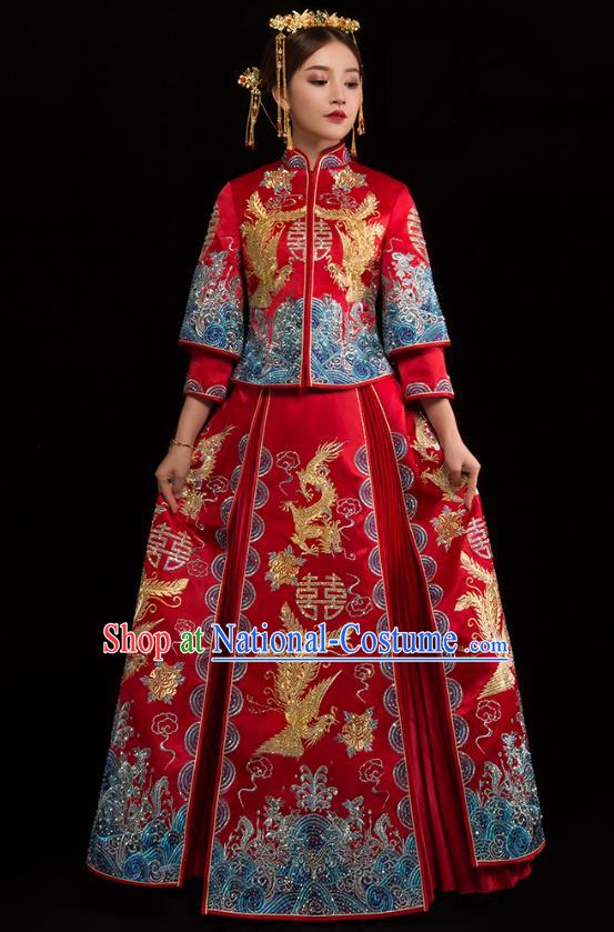 Traditional Chinese XiuHe Suit Wedding Costumes Embroidered Diamante Full Dress Ancient Bottom Drawer for Bride