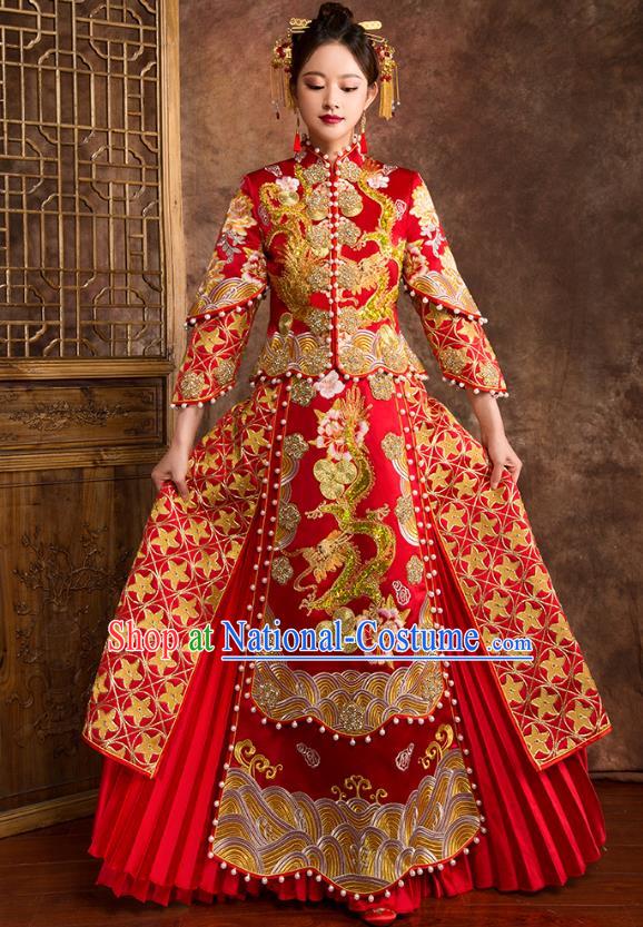 Traditional Chinese Embroidered Dragon XiuHe Suit Wedding Costumes Full Dress Ancient Bottom Drawer for Bride