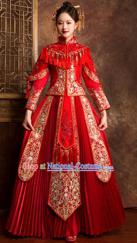 Traditional Chinese Embroidered Diamante Red XiuHe Suit Wedding Costumes Full Dress Ancient Bottom Drawer for Bride