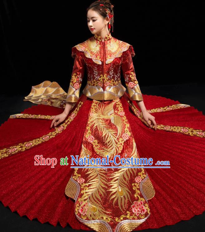 Traditional Chinese Embroidered Diamante Trailing XiuHe Suit Wedding Costumes Full Dress Ancient Bottom Drawer for Bride