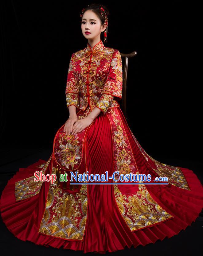 Traditional Chinese Embroidered Phoenix Diamante XiuHe Suit Wedding Costumes Full Dress Ancient Bottom Drawer for Bride