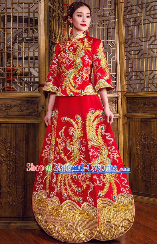 Traditional Chinese Embroidered Phoenix Diamante XiuHe Suit Wedding Costumes Full Dress Ancient Bottom Drawer for Bride