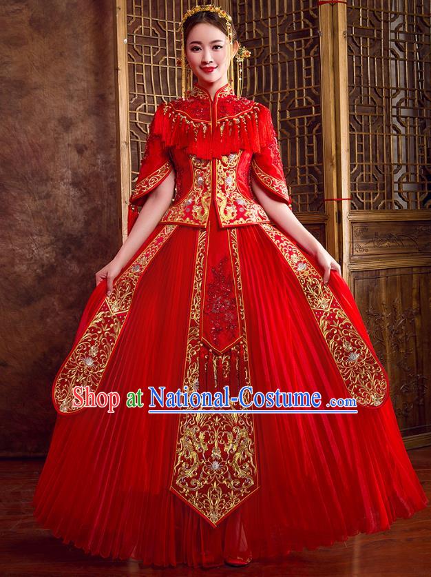 Traditional Chinese Embroidered Diamante Red XiuHe Suit Wedding Costumes Full Dress Ancient Bottom Drawer for Bride