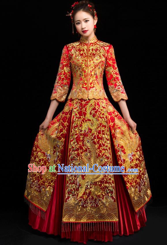 Traditional Chinese Embroidered Dragon Phoenix Diamante Red XiuHe Suit Wedding Costumes Full Dress Ancient Bottom Drawer for Bride