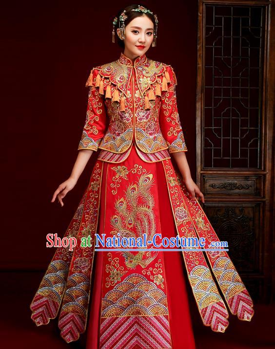 Traditional Chinese Embroidered Slim XiuHe Suit Wedding Costumes Full Dress Ancient Bottom Drawer for Bride