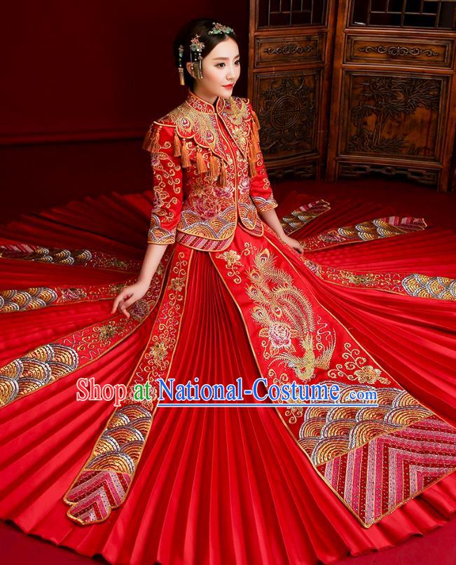 Traditional Chinese Embroidered Phoenix Slim XiuHe Suit Wedding Costumes Full Dress Ancient Bottom Drawer for Bride