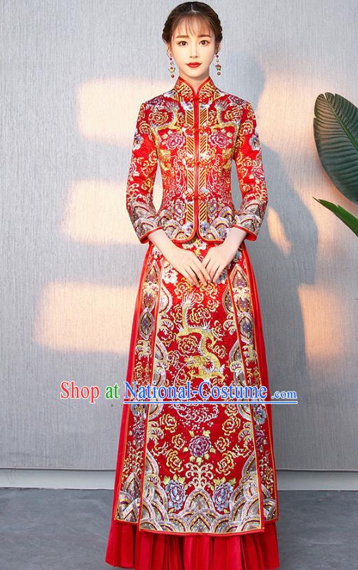 Traditional Chinese Ancient Bottom Drawer Wedding Costumes Embroidered Dragon Red XiuHe Suit for Women