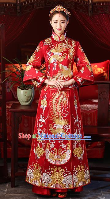 Chinese Ancient Embroidered Phoenix Wedding Costumes Bride Red Formal Dresses XiuHe Suit for Women