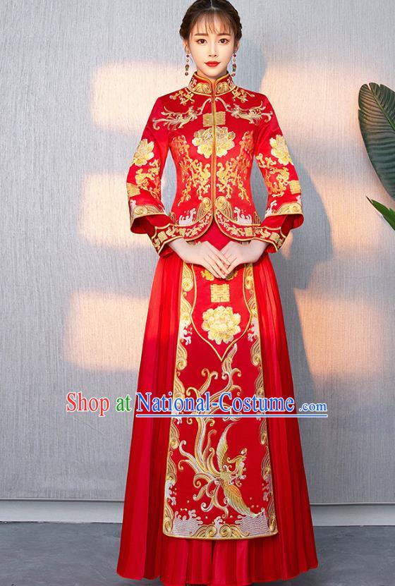 Traditional Chinese Ancient Bottom Drawer Wedding Costumes Embroidered Phoenix Peony Red XiuHe Suit for Women