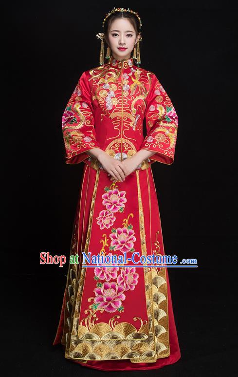 Chinese Ancient Embroidered Peony Wedding Costumes Bride Formal Dresses Red XiuHe Suit for Women